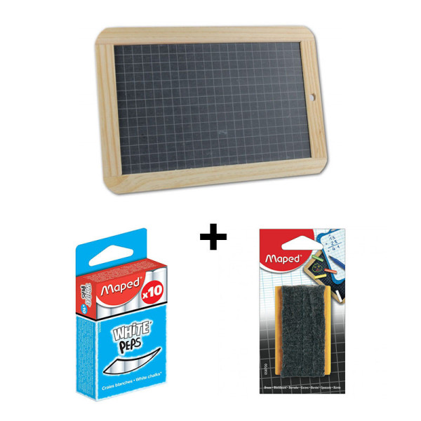 Pack 1 ardoise noire + boîte de 10 craies blanches + 1 brosse