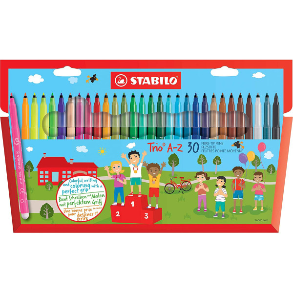 PHOTO-Etui carton de 30 feutres de coloriage STABILO Trio A-Z - pointe fine - coloris assortis dont 5 fluo
