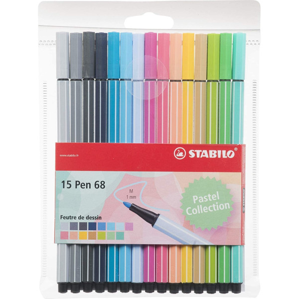 photo-Pochette de 15 feutres de dessin STABILO Pen 68 - pointe moyenne - coloris pastel