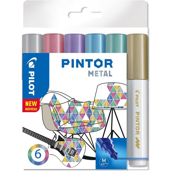 Pochette de 6 marqueurs peinture multi supports Pintor Pilot coloris métallisés