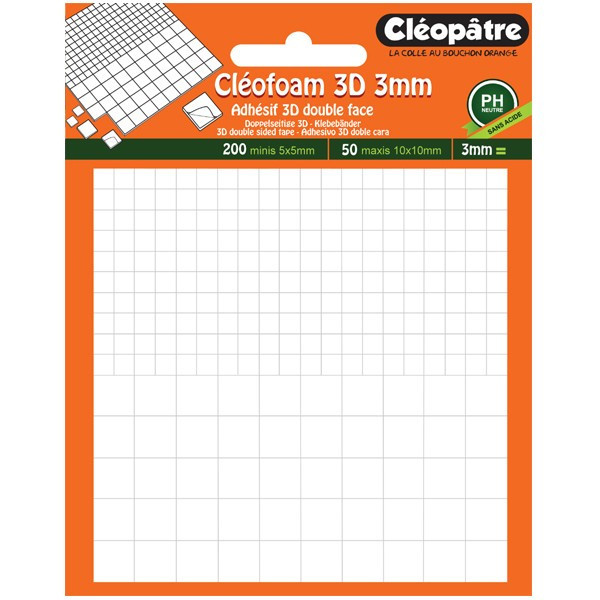 Carrés mousse adhésif 3D double face Cléofoam Cléopâtre 3mm d'épaisseur