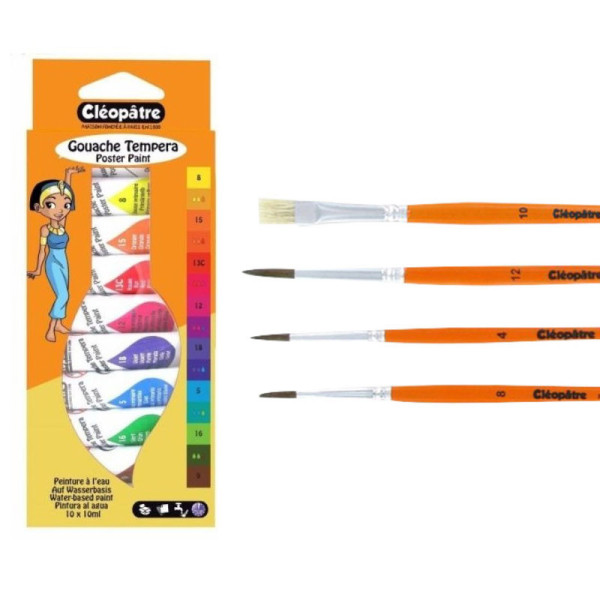 Lot de 10 tubes de gouache Tempera Cléopâtre + 4 pinceaux assorties