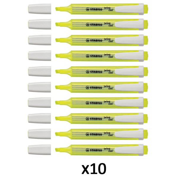 Lot de 10 surligneurs jaune fluo - STABILO Swing cool - Artmania