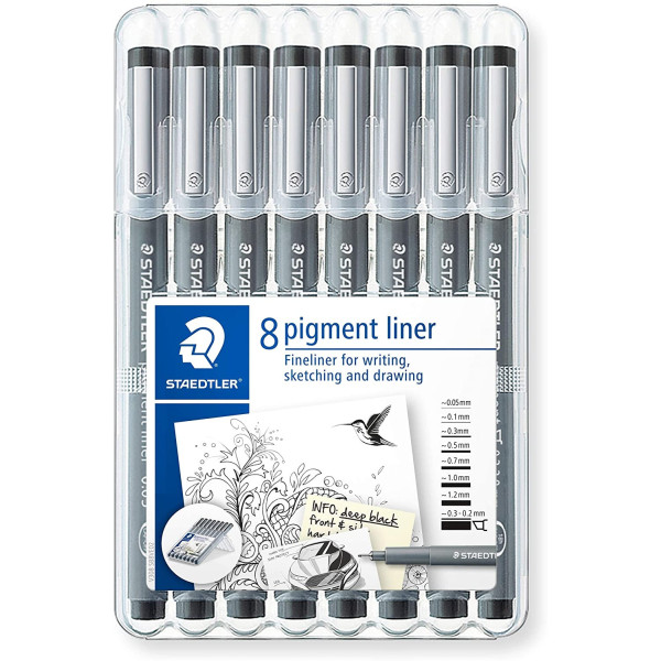 Lot de 8 feutres noirs Staedtler Pigment Liner assortiment de pointes