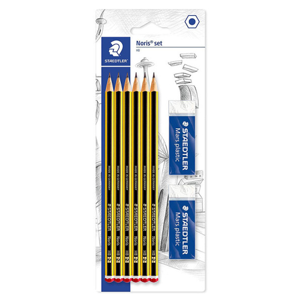 Etui de 6 crayons graphite HB et 2 gommes Mars Plastic Staedtler