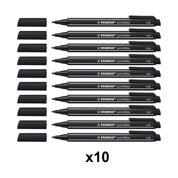 Lot de 10 feutres STABILO pointMax pointe moyenne 0.8mm Noir | Artmania