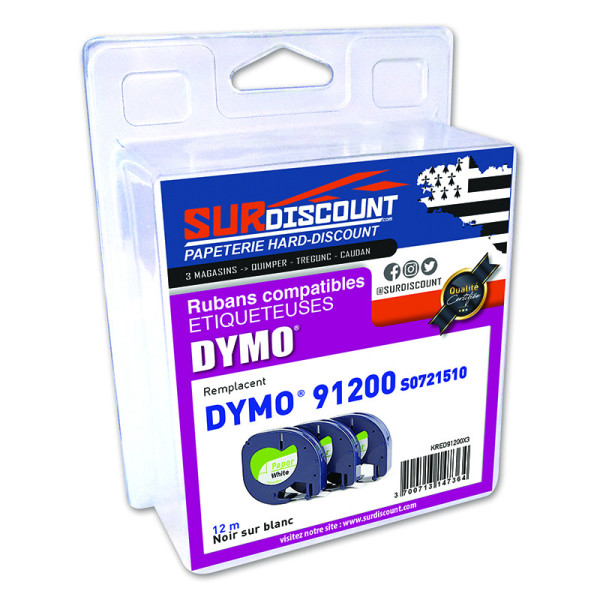 Lot de 3 rubans compatibles pour titreuse Dymo 91200 12mm/4m papier noir sur blanc