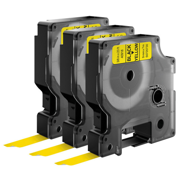 Lot de 3 rubans compatibles pour titreuse Dymo 40918 9mm/7m plastique noir sur jaune