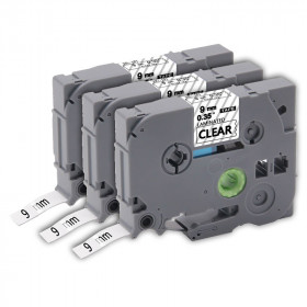 Lot de 3 rubans compatibles pour titreuse Brother TZE-121 9mm/8m plastique noir sur transparent
