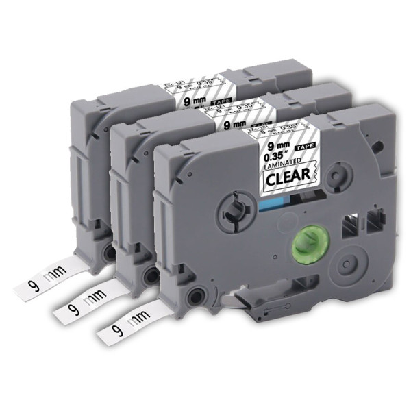 Lot de 3 rubans compatibles pour titreuse Brother TZE-121 9mm/8m plastique noir sur transparent