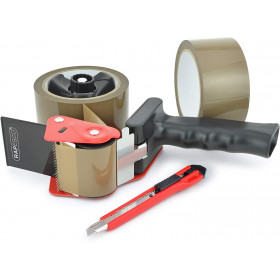 Pack 2 rubans emballage Tesa Basic 66m x 50mm + 1 dévidoir + 1 cutter