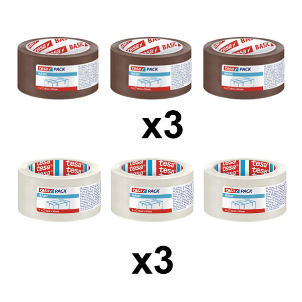 Lot de 6 rubans emballage adhésif Tesa 66m x 50mm transparent et havane