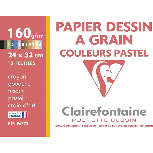 Papier dessin à grain Clairefontaine couleurs pastel 24x32 cm 160g
