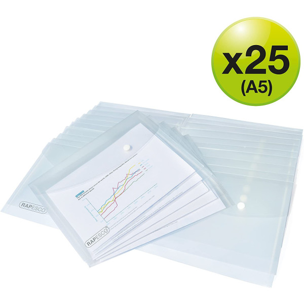 Lot de 25 pochettes A5 transparente fermeture bouton pression Rapesco
