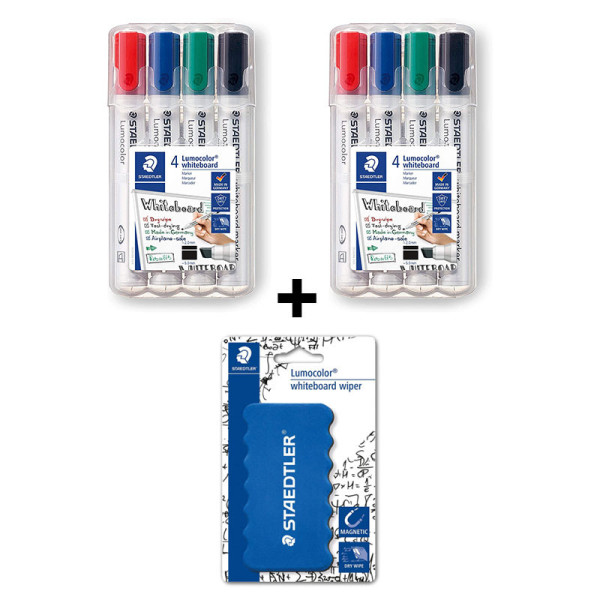 Lot de 2 étuis de 4 marqueurs biseauté Lumocolor pour tableau blanc + 1 brosse magnétique Staedtler