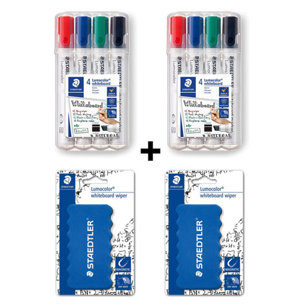 Lot de 2 étuis de 4 marqueurs biseauté Lumocolor pour tableau blanc + 2 brosses magnétique Staedtler