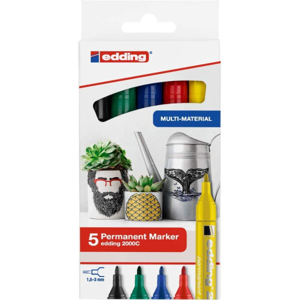 Lot de 5 marqueurs permanent multi-supports Edding 2000C assortiment couleurs