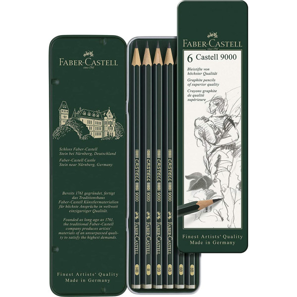 Boîte métal de 6 crayons graphite Castell 9000 Faber-Castell