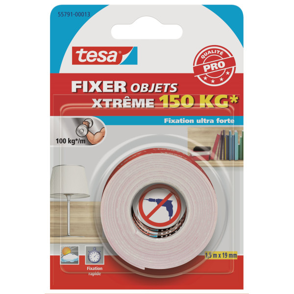 Adhésif double face fixation ultra forte jusqu'à 150kg Tesa 1,5m x 19mm