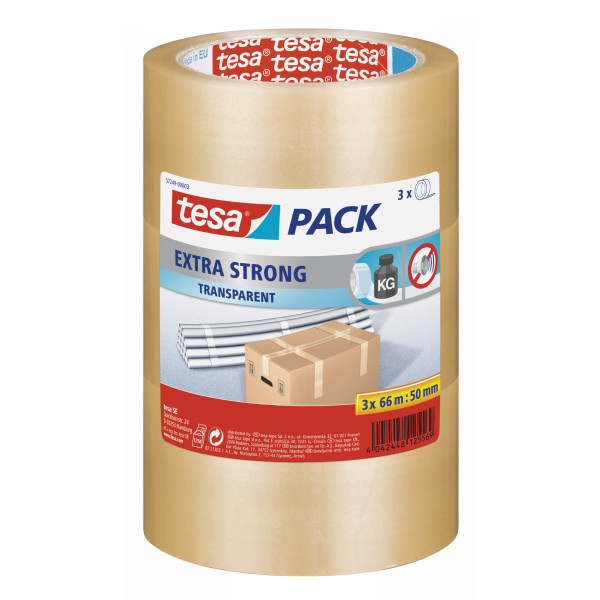 Lot de 3 rubans adhésif emballage Tesa extra fort 66m x 50mm transparent