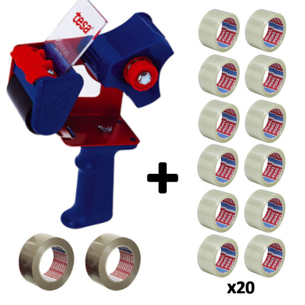 Dévidoir en métal + 20 rouleaux de rubans adhésif Tesa Basic transparent