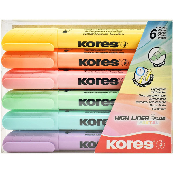 Pochette de 6 surligneurs pointe biseautée couleurs pastels Kores HighLiner