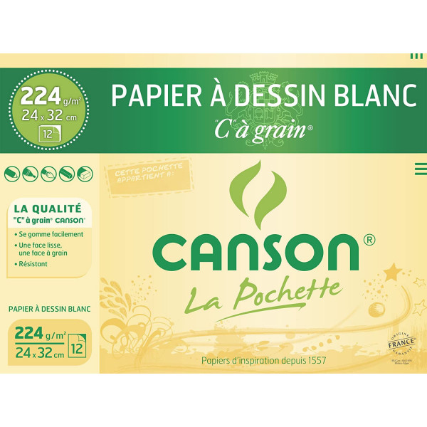Pochette de papier dessin Canson 12 feuilles 24 x 32 cm 224g blanc