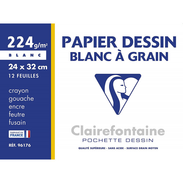 Pochette de 12 feuilles de papier à dessin Clairefontaine 24 x 32 cm 224g blanc