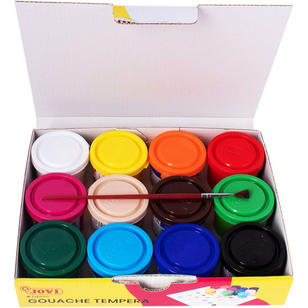 Gouache - Enfant - Scolaire - 12 couleurs vives - Pots de 35ml + pinceau - Jovi