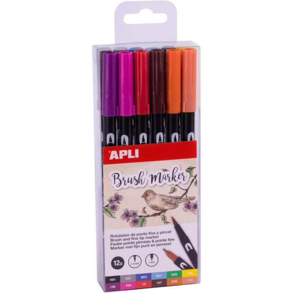 photo-Feutres - Double pointe pinceau et ronde - 12 couleurs - Brush marker - Apli