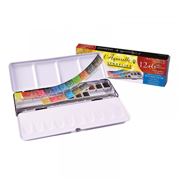 Boîte métal l'Aquarelle Sennelier extra-fine 12 + 6 demi-godets offerts