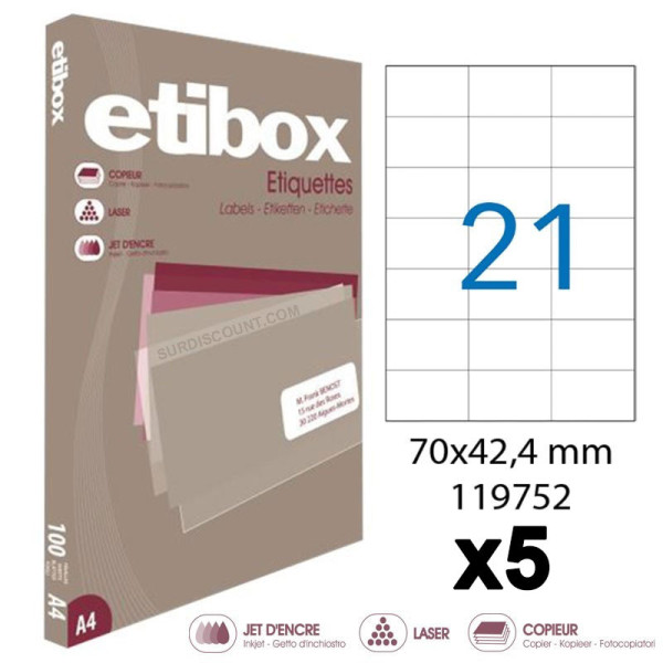 Lot de 5 boites de 2100 étiquettes - Format 70x42.4mm - Etibox - Apli 119752