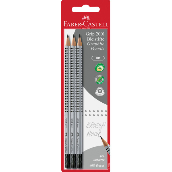 Etui de 3 crayons graphite HB Grip 2001 avec embout gomme Faber-Castell