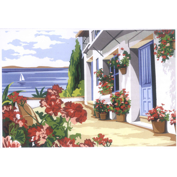 Kit canevas modèle terrasse fleurie 30 x 40 cm Seg de Paris
