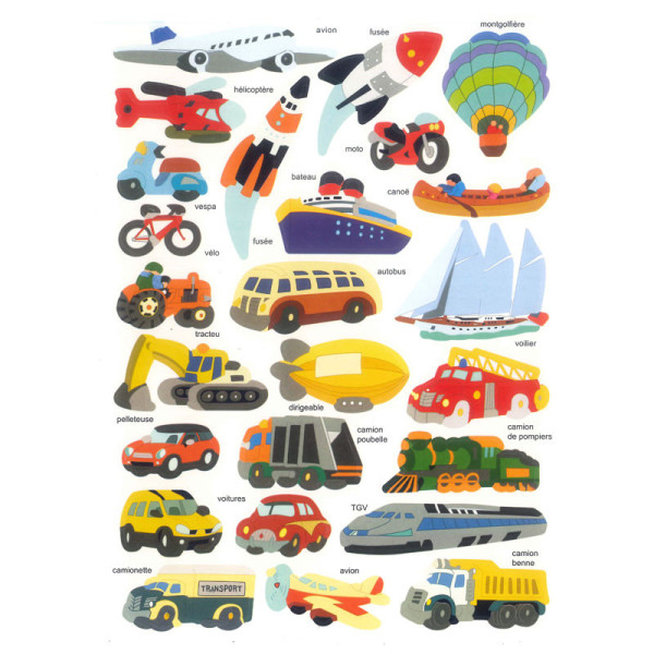 Gommettes illustrées transport 2 planches 50 pièces