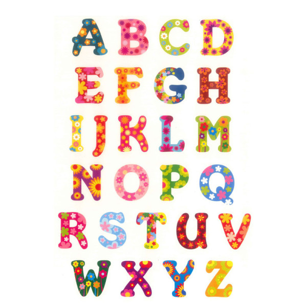 Gommettes illustrées alphabet 2 planches 52 pièces motif fleuris