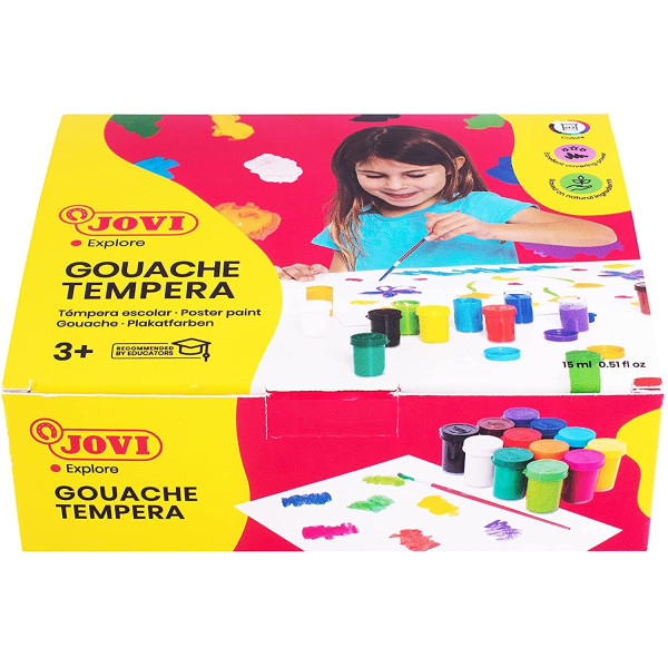 Gouache scolaire Jovi assortiment de 12 pots 15 ml avec pinceau couleurs vives