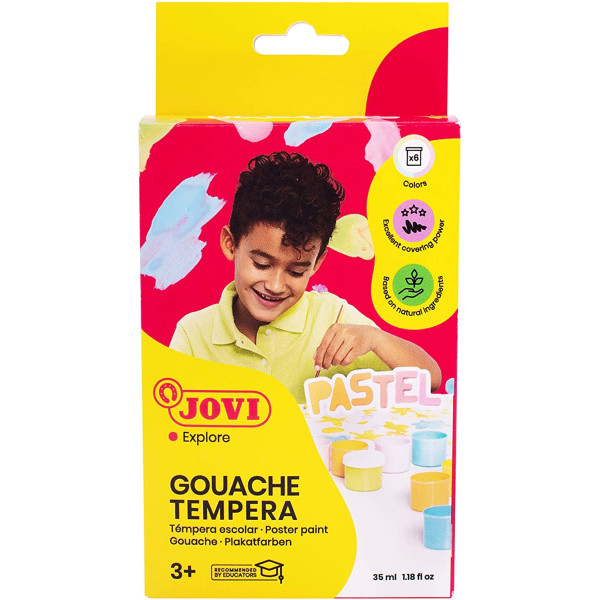 Gouache scolaire Jovi assortiment de 6 pots 15 ml avec pinceau couleurs pastel