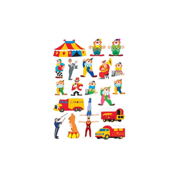 Gommettes motif cirque clown dresseur animaux 2 planches 38 pièces