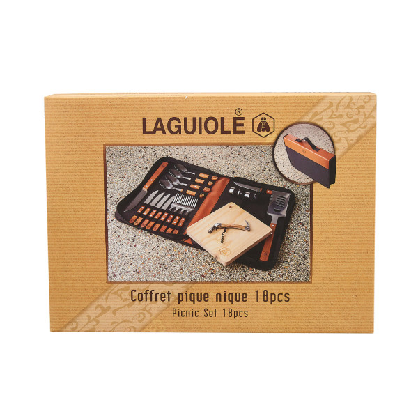 Coffret pique-nique de 18 couverts Laguiole avec manche en bois et mallette