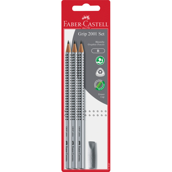 Lot de 3 crayons graphite Grip 2001 Faber-Castell  avec grip gomme