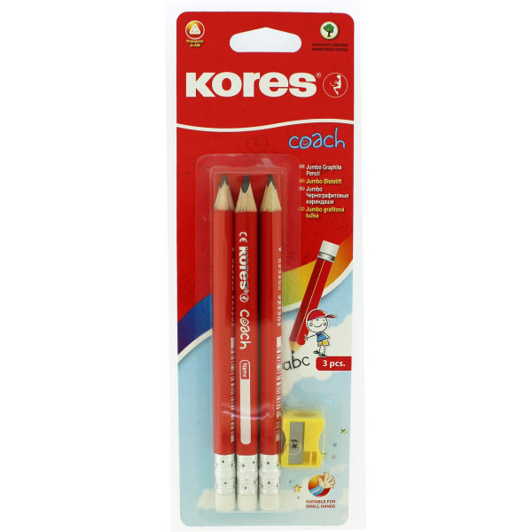 Lot de 3 crayons graphite + 1 taille-crayon gratuit - Mine HB - Kores