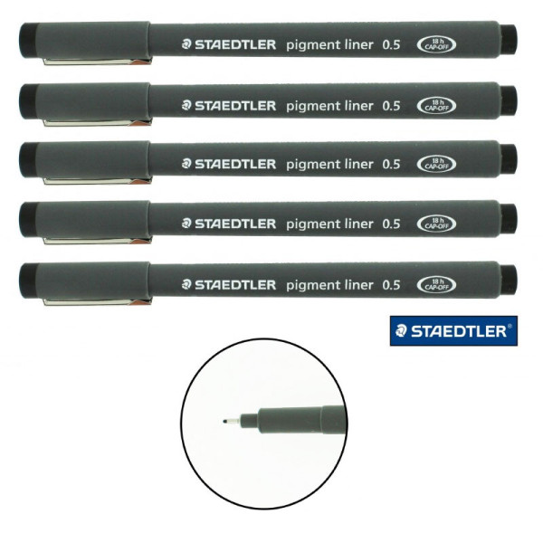 Lot de 5 feutres Pigment Liner - Staedtler - Pointe 0.5Mm - Noir