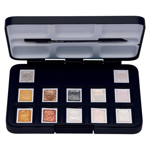 Peinture aquarelle - Coffret 12 godets + pinceau - Couleurs métallisées - Van Gogh