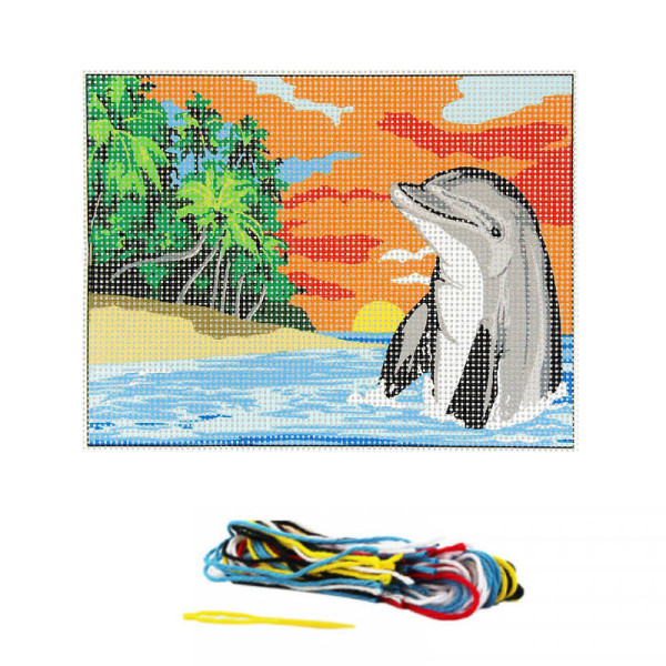 Kit complet canevas 15 x 20 cm motif dauphin bord de mer