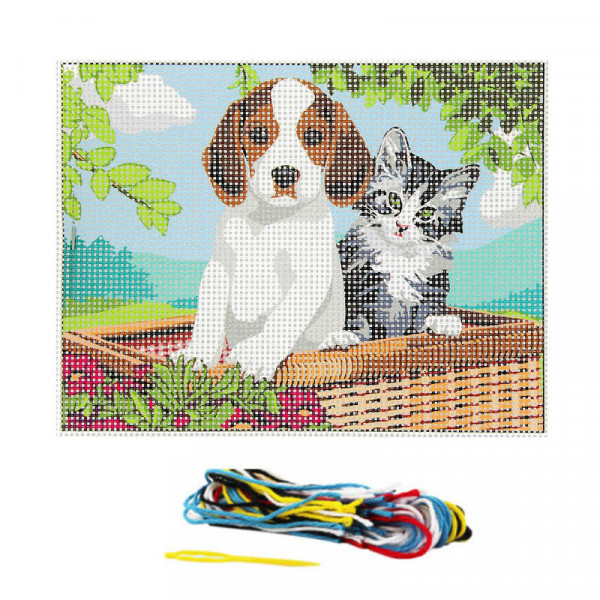 Kit complet canevas 15 x 20 cm motif chiot et chaton