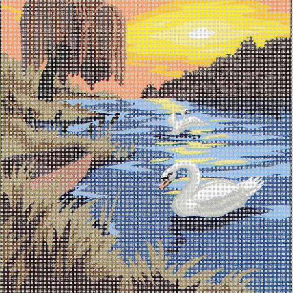 Kit complet canevas 15 x 20 cm motif paysage cygne étang