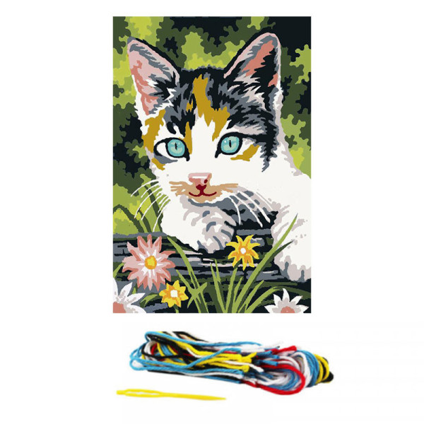 Kit complet canevas 15 x 20 cm motif chat dans un jardin