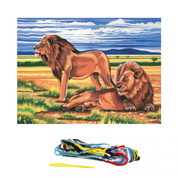 Kit complet canevas 15 x 20 cm motif lions dans la savane