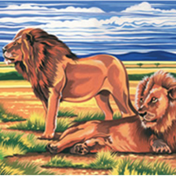 Kit complet canevas 15 x 20 cm motif lions dans la savane